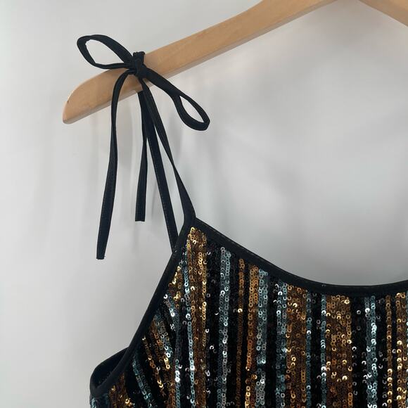 SAY WHAT? Sequin Tank Size Medium Stripe Button Back Tie Straps Open Back Party - Picture 4 of 14